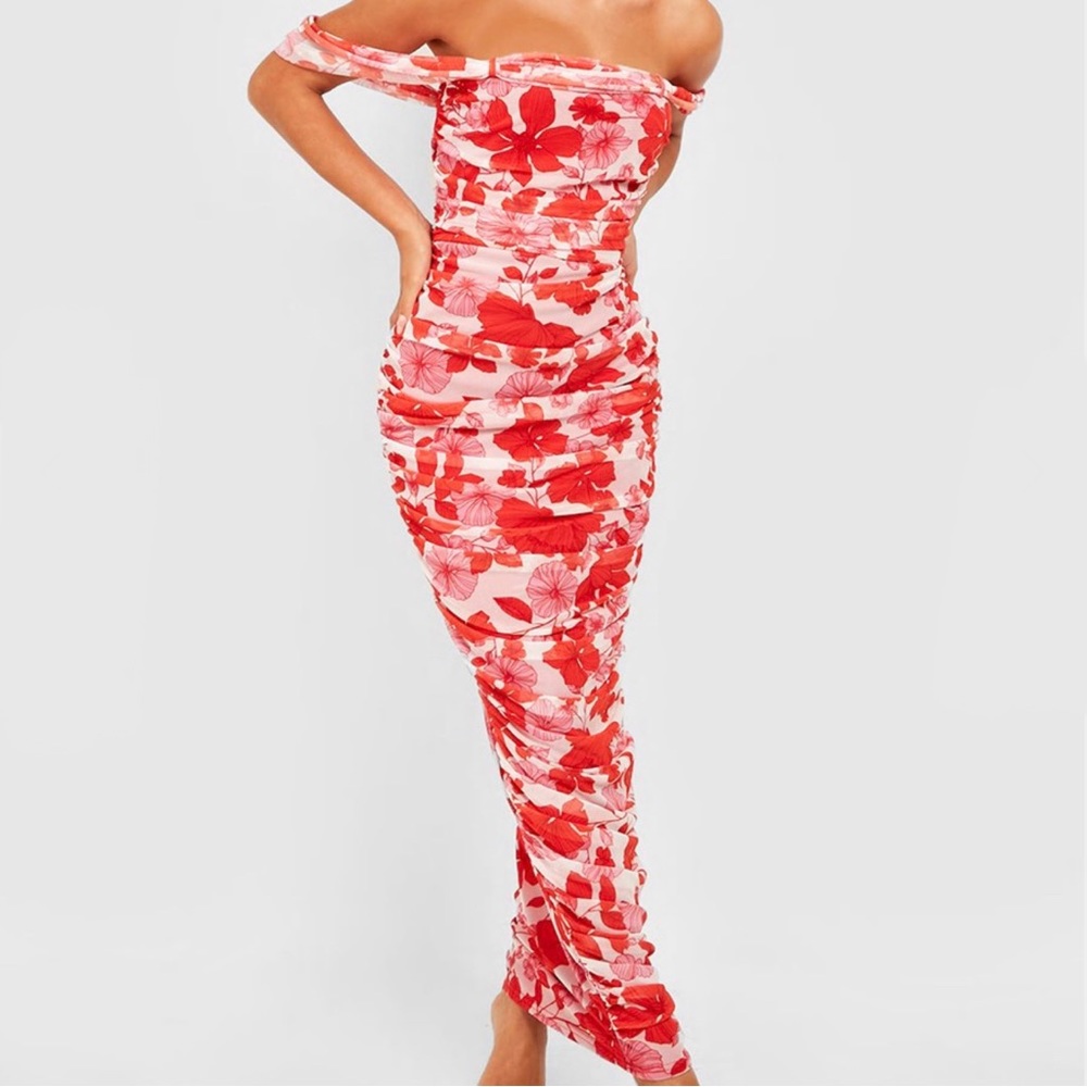 NWT BooHoo Floral Rouched Mesh Bardot Maxi Dress